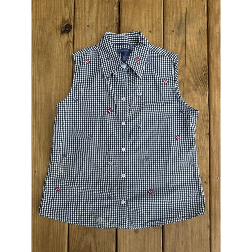 Mountain Lake Black White Gingham Sleeveless Shirt Patriotic Embroidered Small